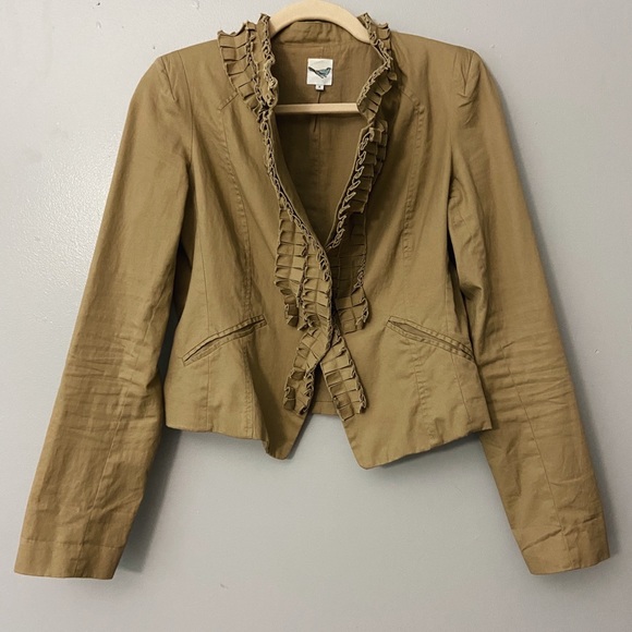 Anthropologie Jackets & Blazers - Anthropologie Tan Khaki Ruffle Crop Blazer - 2